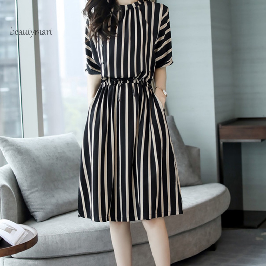 Đầm Dài Ngang Gối In Họa Tiết Sọc Đơn Giản Thoải Mái Thời Trang Mùa Hè Cho Nữ beautymartm1