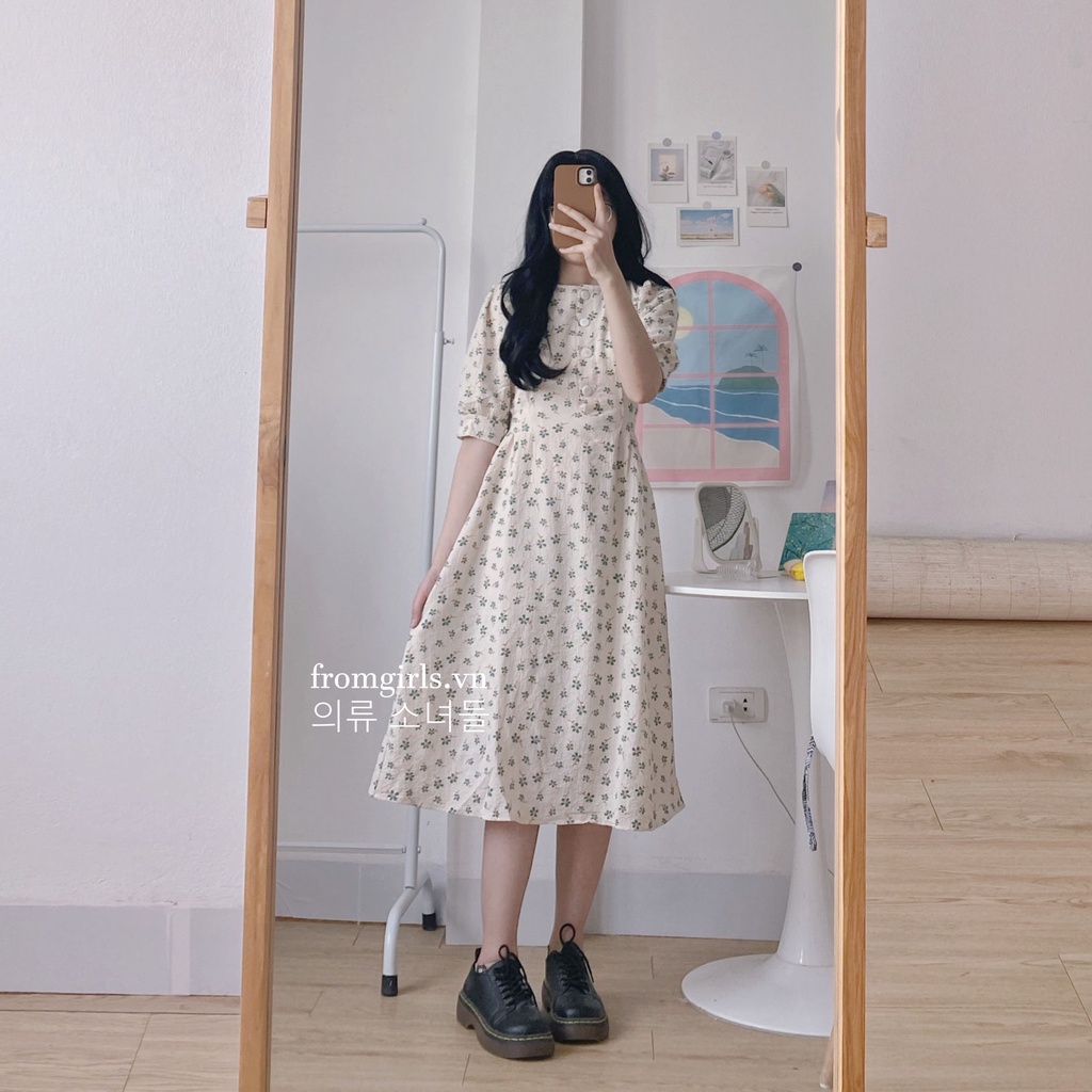 Váy hoa nhí vintage, đầm hoa nhí dáng dài tay phồng có dây buộc eo brown.clothes  - V55