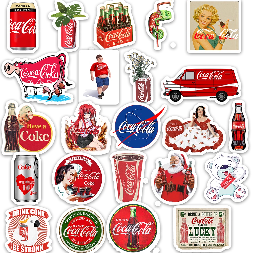 Set 50 cái Sticker Coca cola dán mũ bảo hiểm, hình dán Coca cola retro chống nước, decal nước uống trang trí