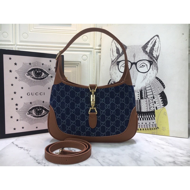 túi xách tay dáng nhỏ có dây đeo tháo rời da vải denim cao cấp gucci Gc GG
