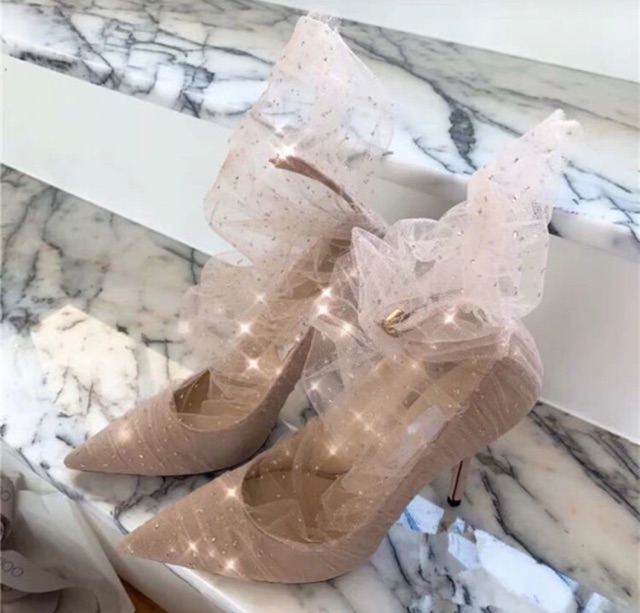 Sẵn 37-9cm❤️  Giày cao gót dự tiệc lưới lấp lánh