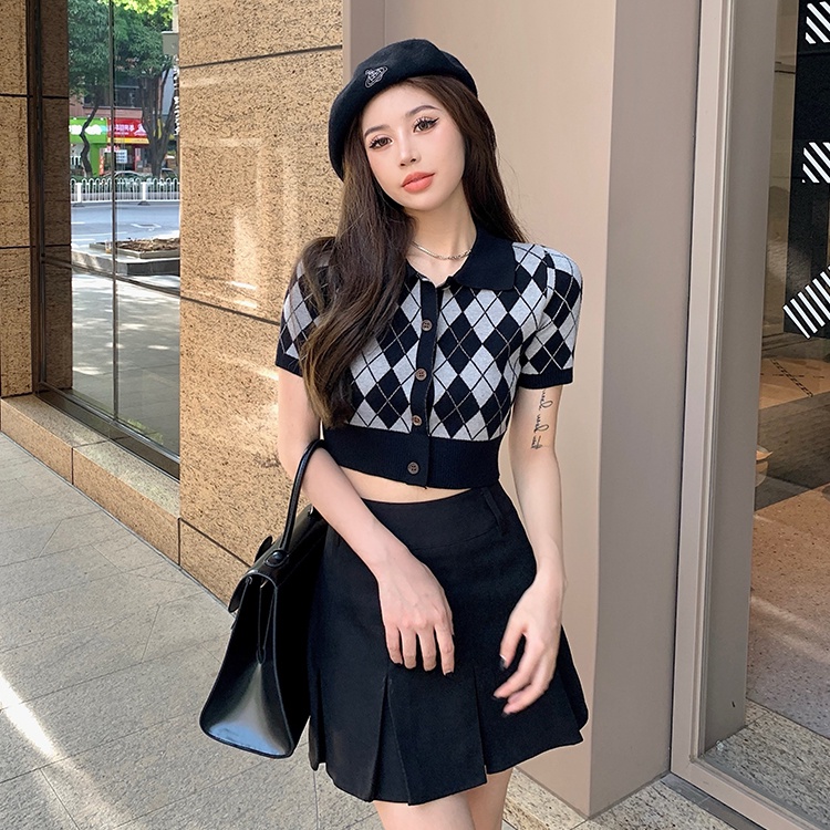 Happy-store ❤️ Áo Cardigan Croptop Dệt Kim Tay Ngắn Cổ Bẻ Kẻ Sọc Phong Cách Cho Phụ Nữ Hàn Quốc Happy Store