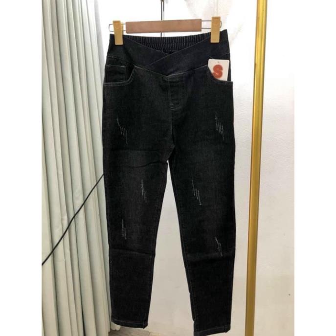Quần bầu jean cạp chéo (jean thật) có chun chỉnh bụng co dãn thoải mái