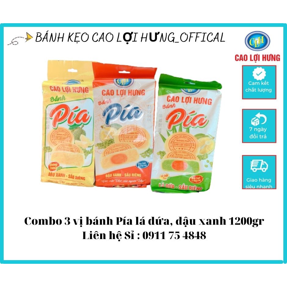 COMBO  3 Vị_12 bánh_1200 gram_Bánh Pía Cao Lợi Hưng nhân lá dứa tươi, đậu xanh sầu riêng không trứng và vị truyền thống