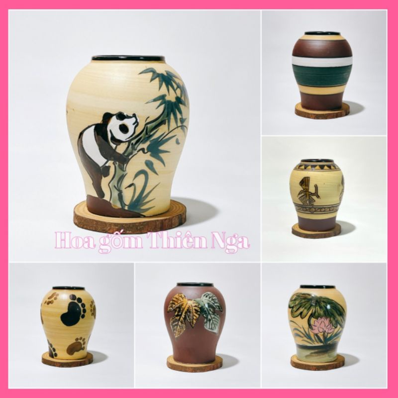 Lọ hoa gốm sứ men khô vẽ tay Bát tràng cao 14cm