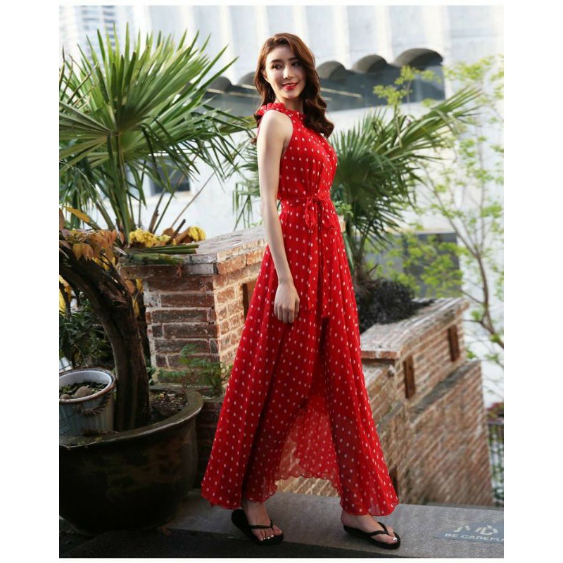 Đầm maxi chấm bi chiffon không tay, váy xòe đi biển du lịch có bigsize - HNG