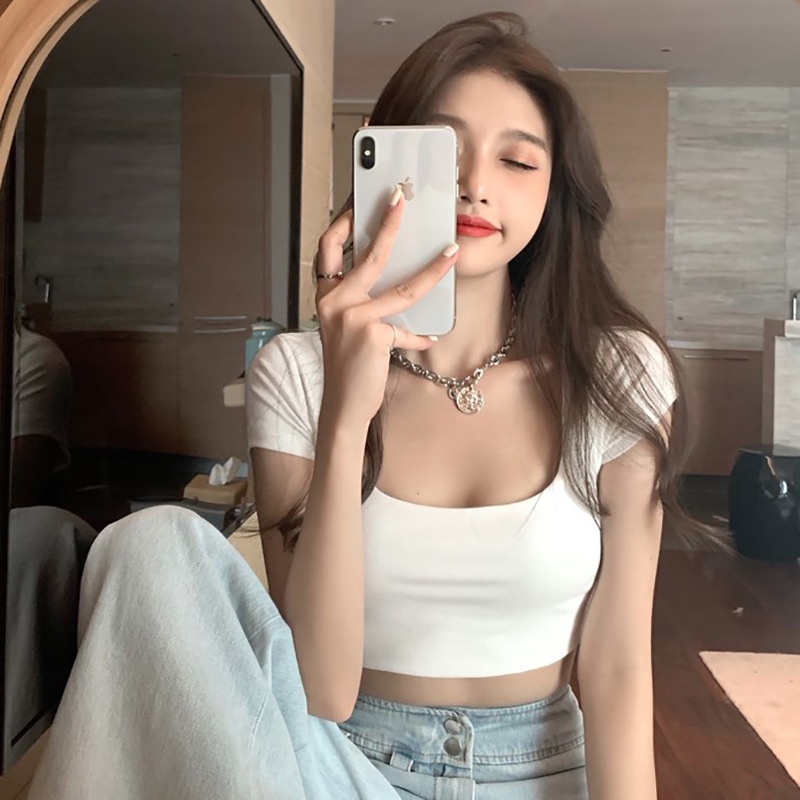 Áo Croptop Cổ Vuông Tay Ngắn Cotton 4 chiều Form ngắn RT6