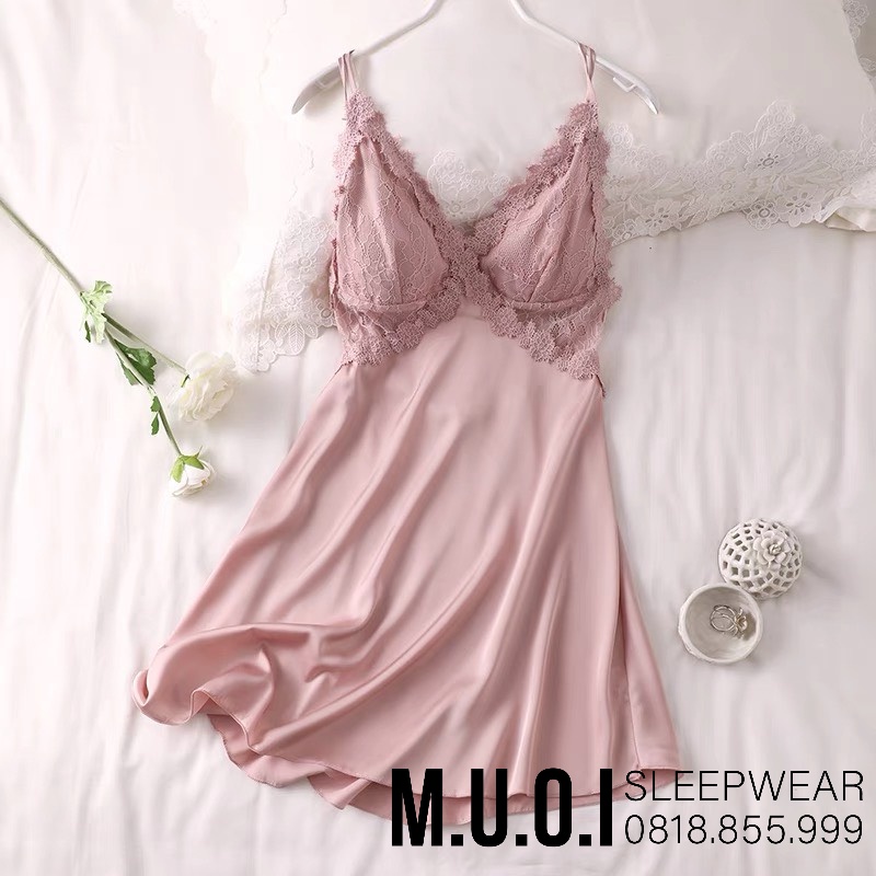 [FREESHIP] Váy ngủ sexy QUẢNG CHÂU-SX 063 -Váy ngủ lụa phối ren ngực đan dây lưng QUẢNG CHÂU  - hàng có sẵn( video+ ảnh)