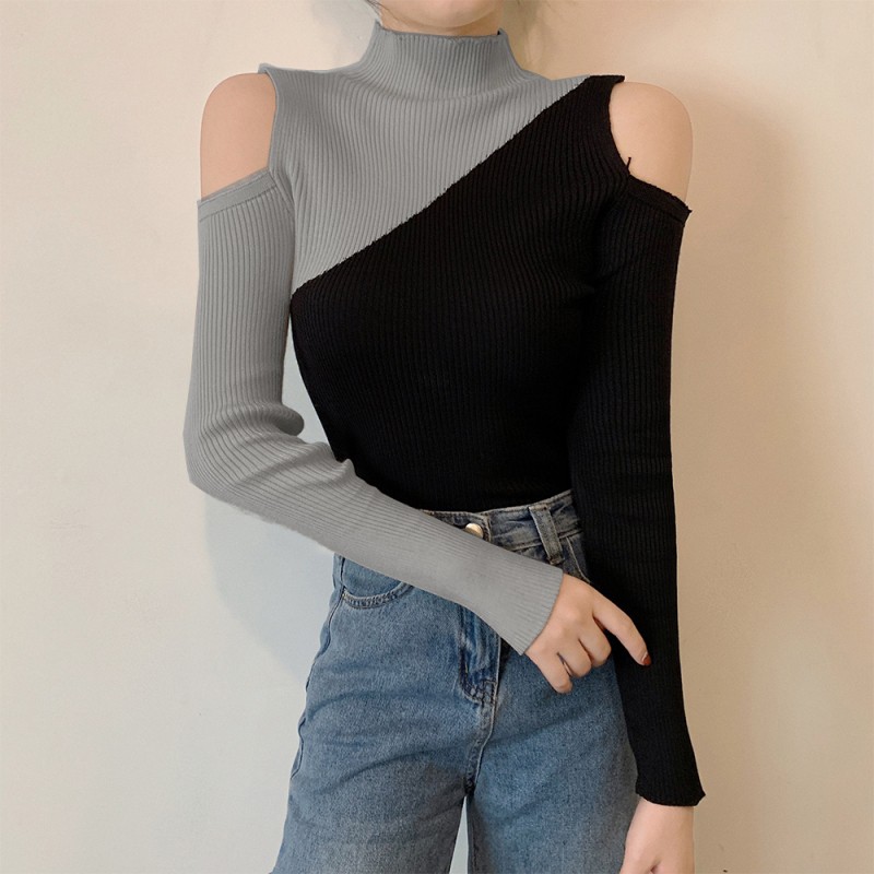 Áo Len Chui Đầu Cổ Lọ Phối Màu Tương Phản Phong Cách Hàn Quốc