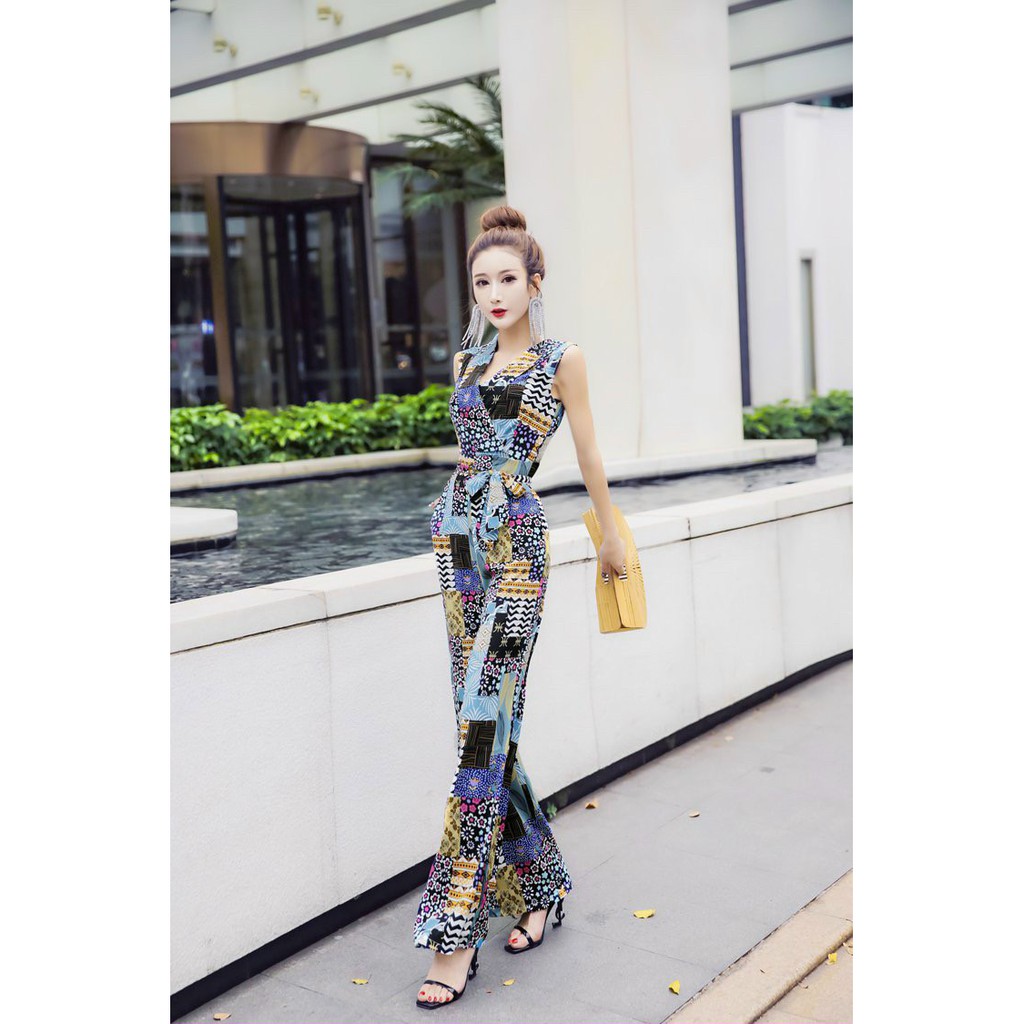 JUMPSUIT LỤA SÁT NÁCH PHỐI HỌA TIẾT - QC285631