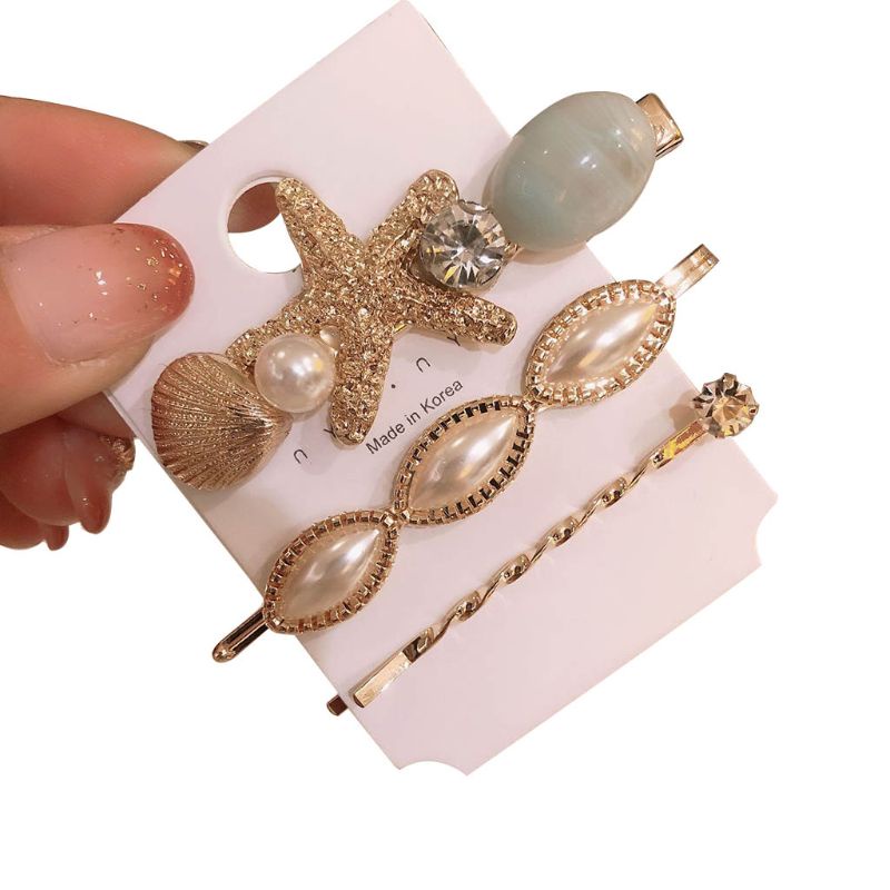 Set 3 Kẹp Tóc Kim Loại Hình Sao Biển Đính Ngọc Trai Nhân Tạo Thời Trang