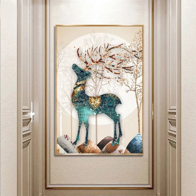 Tranh thêu chữ thập chỉ lụa nai tài lộc