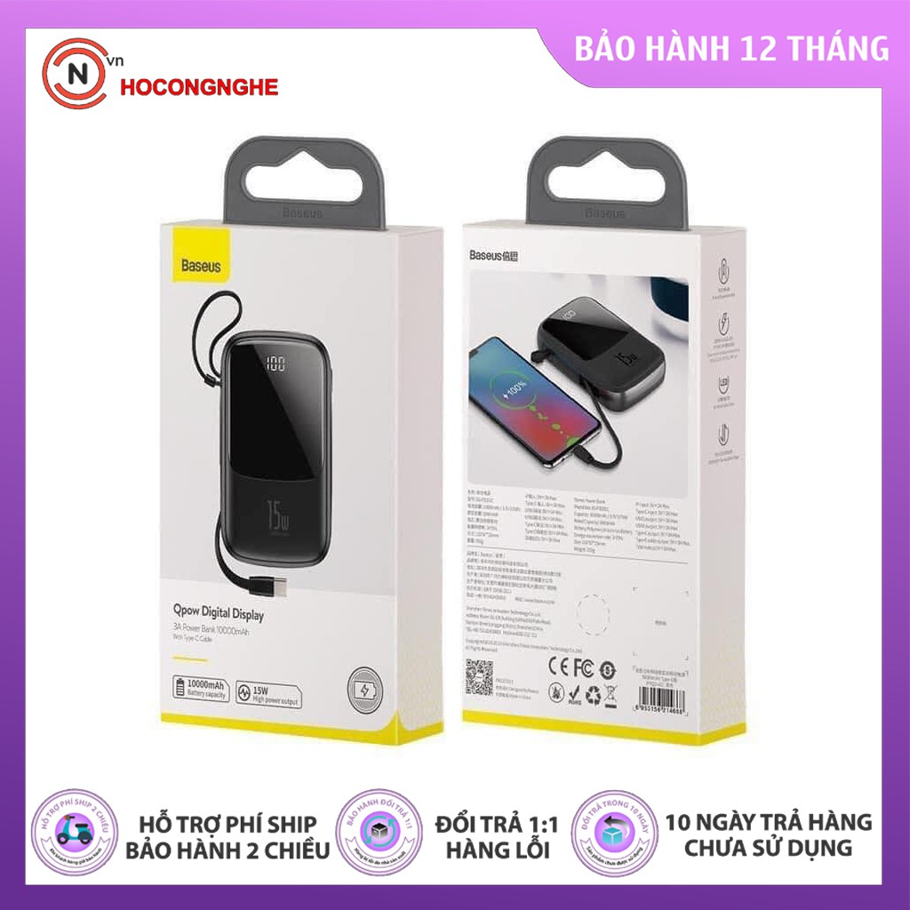 CHÍNH HÃNG Pin sạc dự phòng BASEUS Q Pow 10000mAh sạc nhanh 15W 3A tự ngắt tích hợp cáp có Led Hiển Thị PPQD - CCN