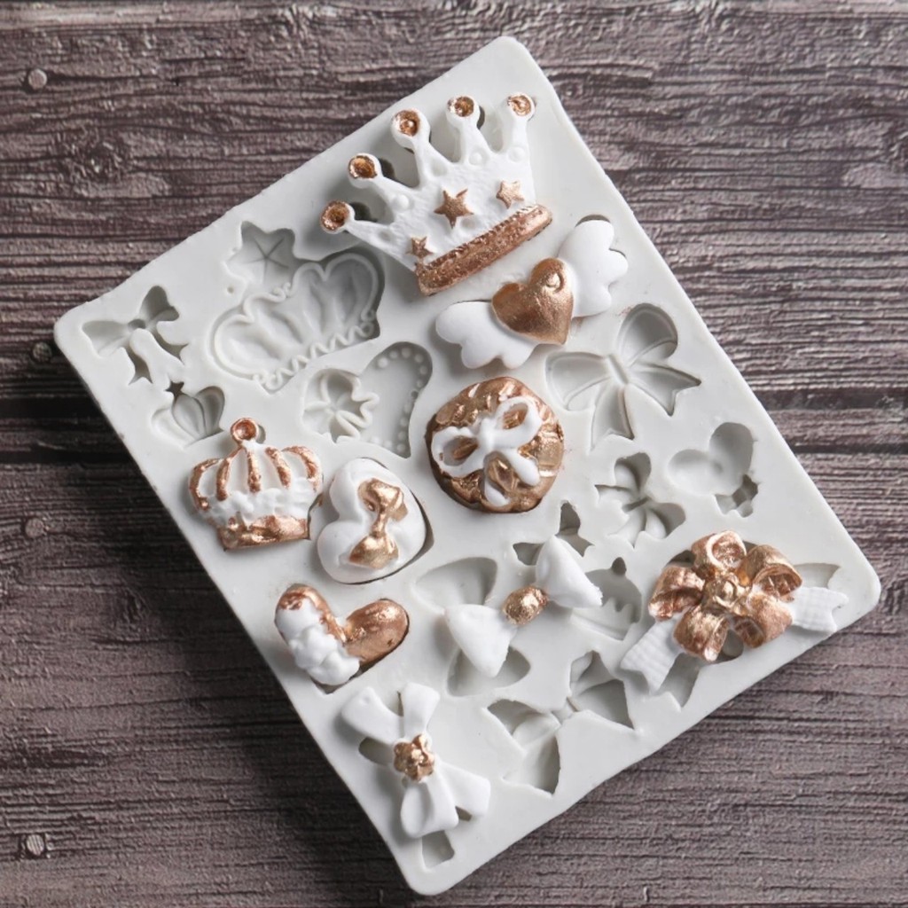 Khuôn silicone trong dẻo hình nơ vương miện tổng hơp đổ resin, làm bánh