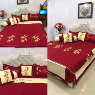 Bộ Chăn ga gối cotton satin thêu hãng Hanvico bộ 7 món