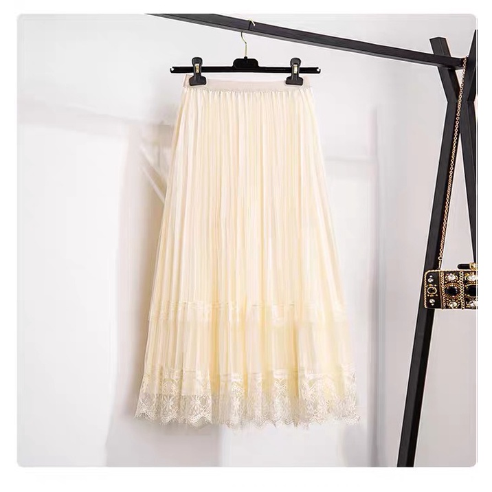Chân váy xoè dáng dài viền ren hai tầng mặc được hai mặt, bên trong lót vải lụa mềm đẹp-MAI THỎ SHOP-