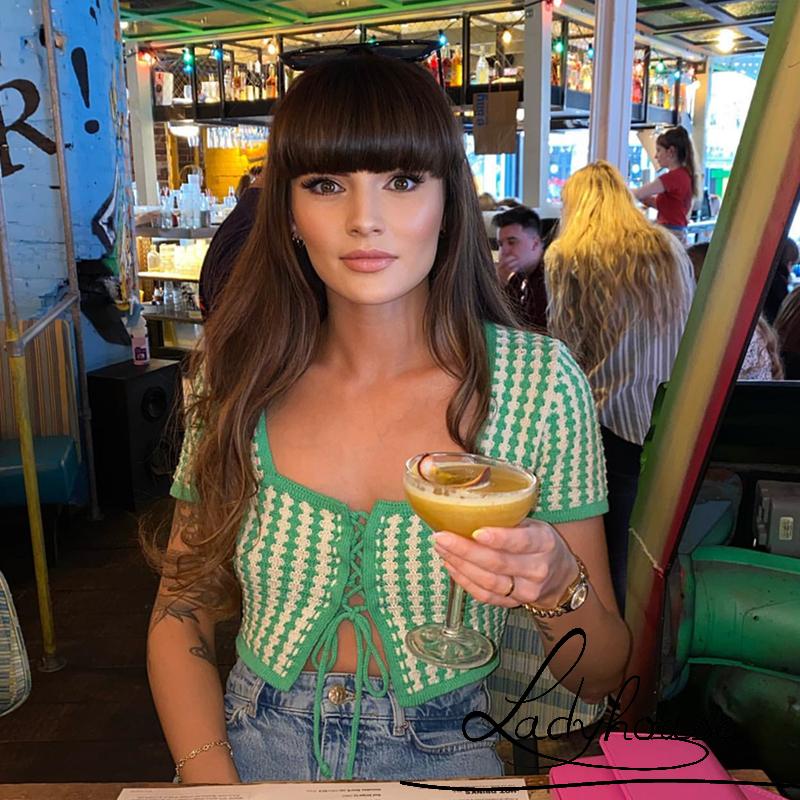 Áo Dệt Kim Tay Ngắn Cổ Vuông In Họa Tiết Kẻ Sọc Có Dây Điều Chỉnh Được Thời Trang Mùa Hè Cho Nữ