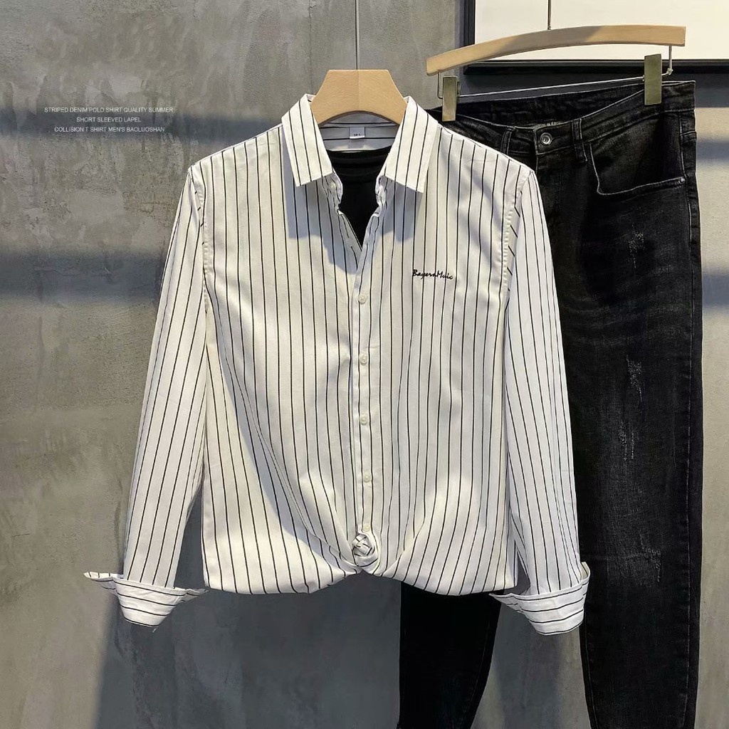 Áo Sơ Mi Dài Tay Họa Tiết Kẻ Sọc Thời Trang Mùa Hè Hàn Quốc Cho Nam Size S-2Xl