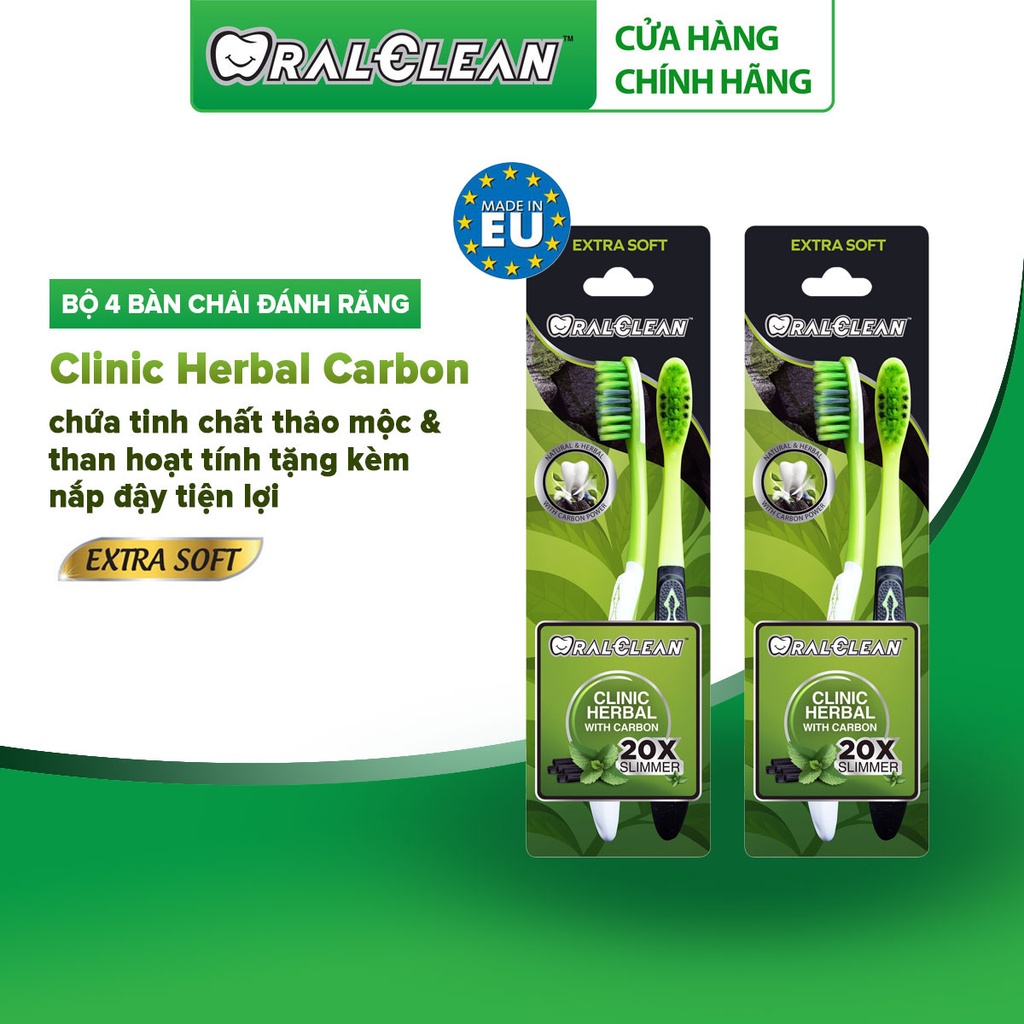 Bộ 4 bàn chải OralClean Clinic Herbal Carbon - chứa tinh chất thảo mộc và than hoạt tính tặng kèm nắp đậy tiện lợi