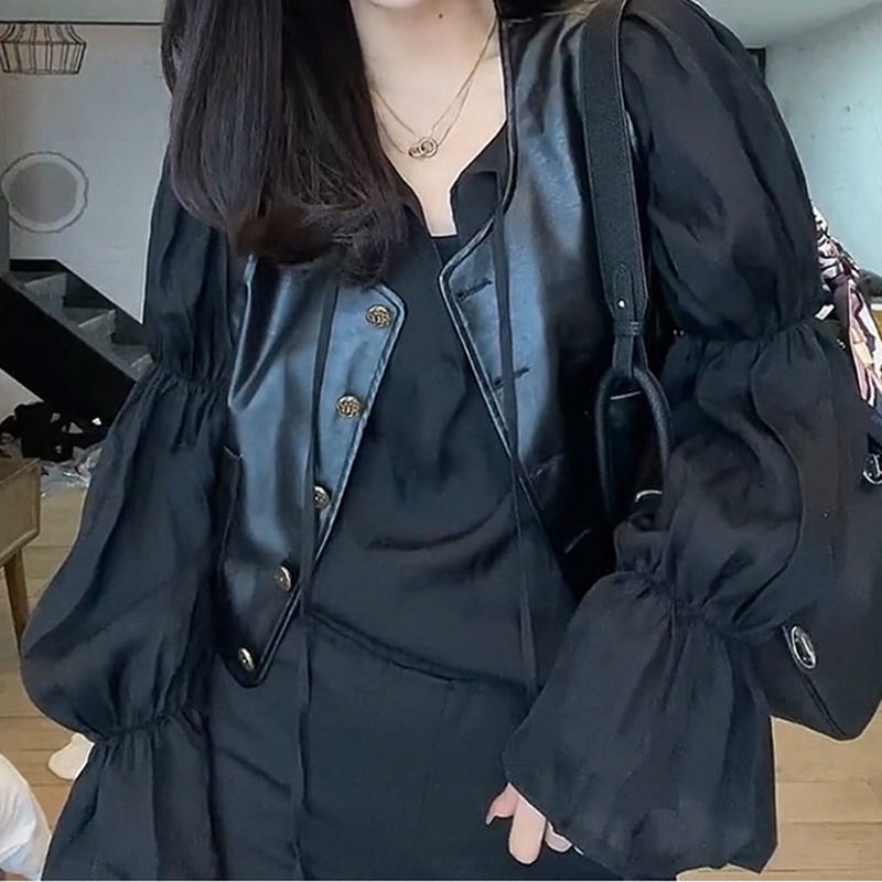 Bộ áo sơ mi tay dài phồng và áo sát nách da PU mẫu phong cách Pháp retro thời trang mùa thu cho nữ