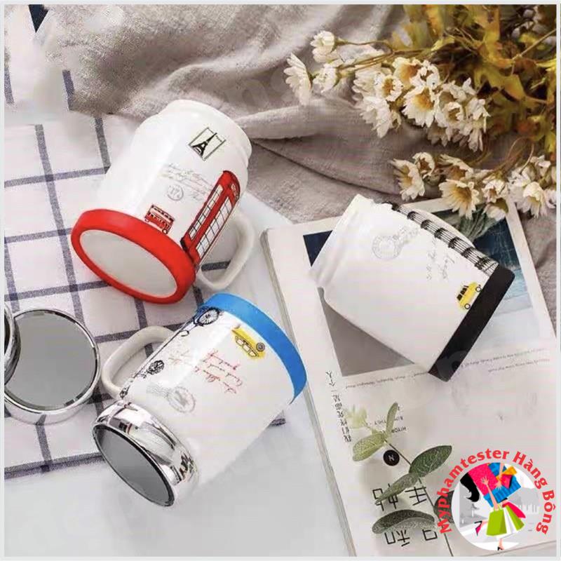 (SIÊU RẺ) Cốc sứ uống nước hoạ tiết nắp gương kèm thìa inox 500ml