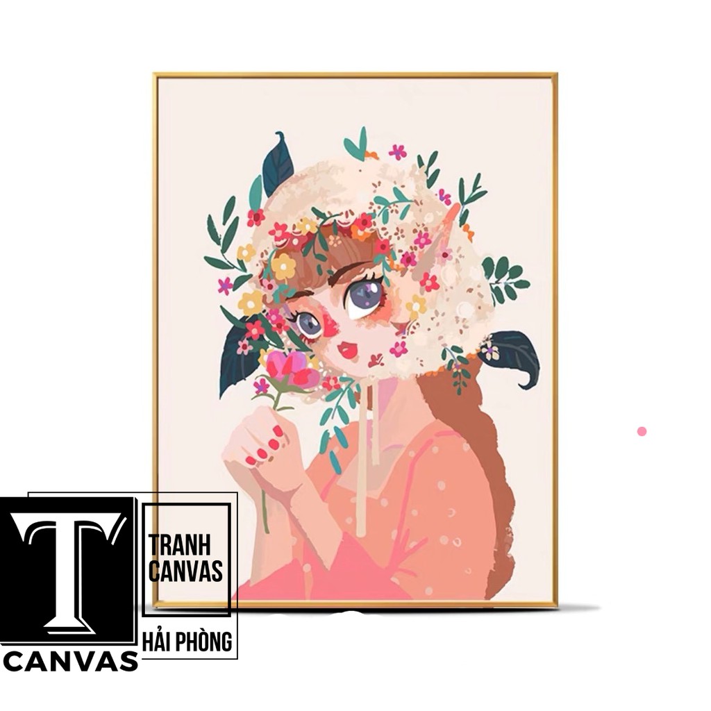 Tranh canvas treo tường phòng khách, tranh hiện đại nghệ thuật Cô gái cầm hoa CG85-93