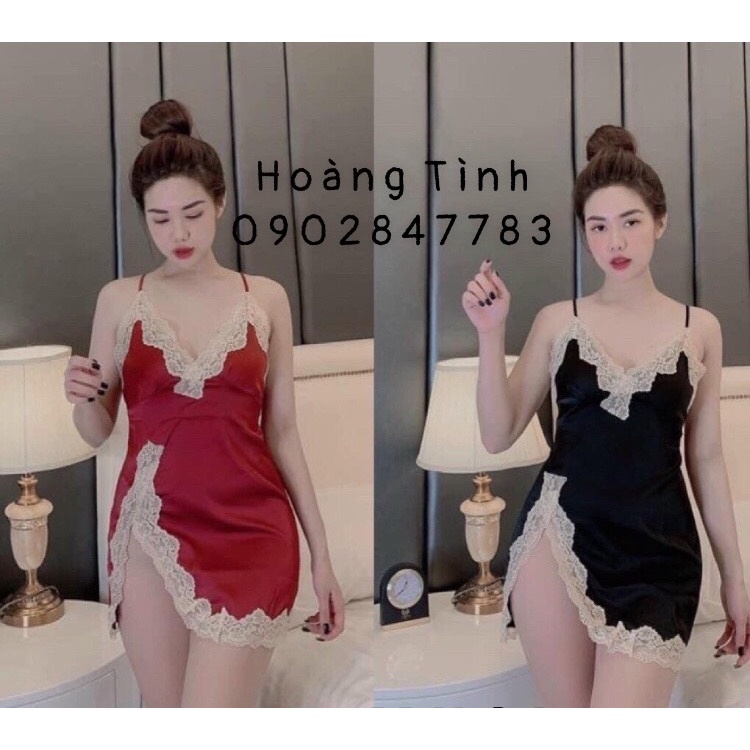 Đầm ngủ 2 dây phối ren xẻ đùi, lụa Satin cao cấp mềm mại, kèm quần đùi gợi cảm, freesize dưới 65kg - SHOP HUYỀN TRANG