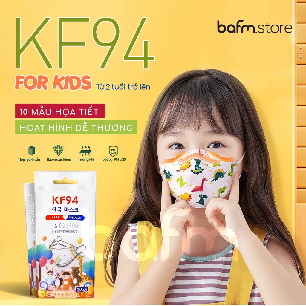 Khẩu Trang KF94 Trẻ Em - Công nghệ Hàn quốc - Họa tiết hoạt hình dễ thương cho bé từ 2 tuổi