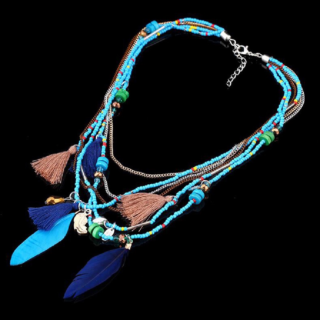 [Meifuyi] Boho Colorful Beads Feather Necklaces Tassel Multi-Layer Sweater Chain Jewelry COD