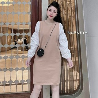 váy suông dài tay cổ tròn phối vai bồng xinh xắn