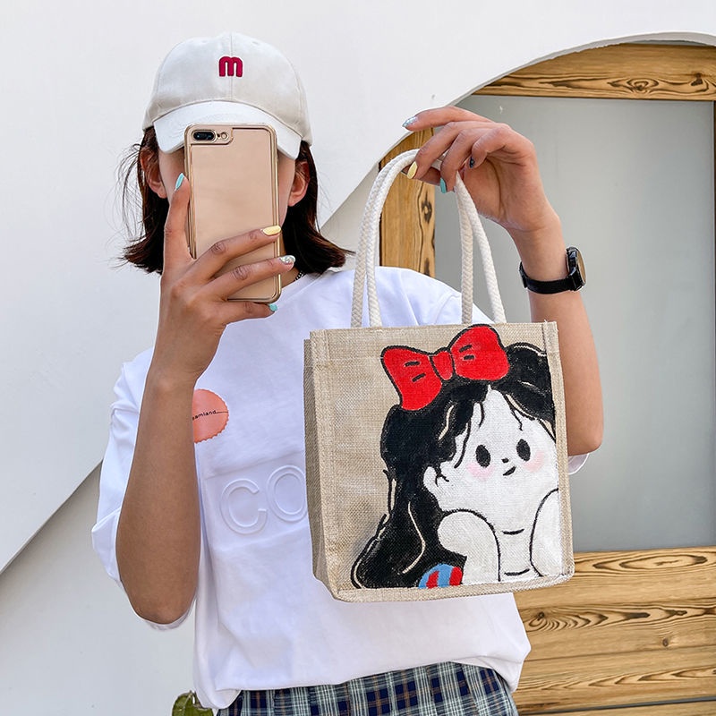 Túi tote canvas vẽ graffiti thủ công 2022 Túi tote vải lanh Túi mua sắm