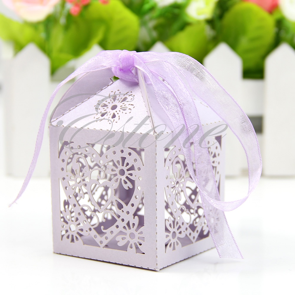 Bộ 50 / 100 Hộp Đựng Kẹo Cắt Trái Tim Có Ruy Băng Trang Trí Tiệc Cưới