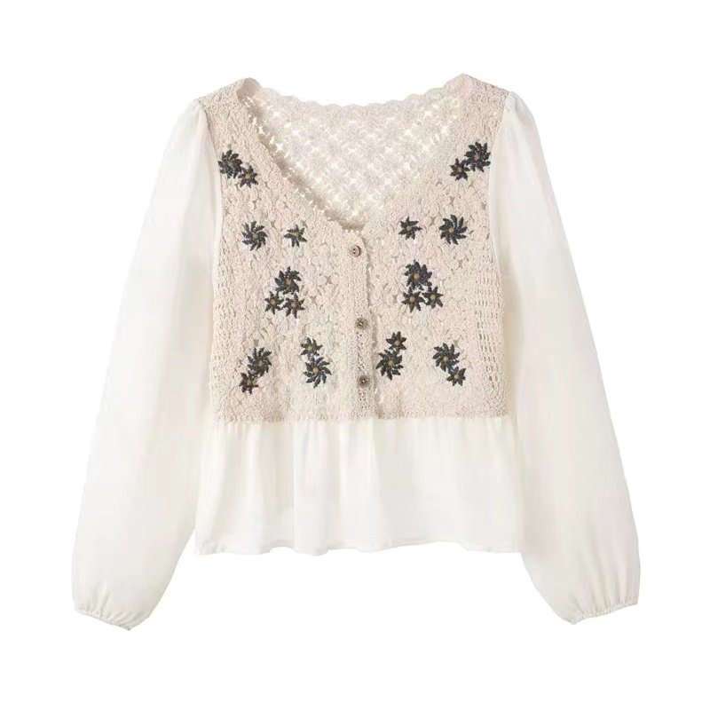 Áo Kiểu Chiffon Tay Phồng Dài Cổ Chữ V Thêu Hoa Cúc Phối Nút Thời Trang Cho Nữ