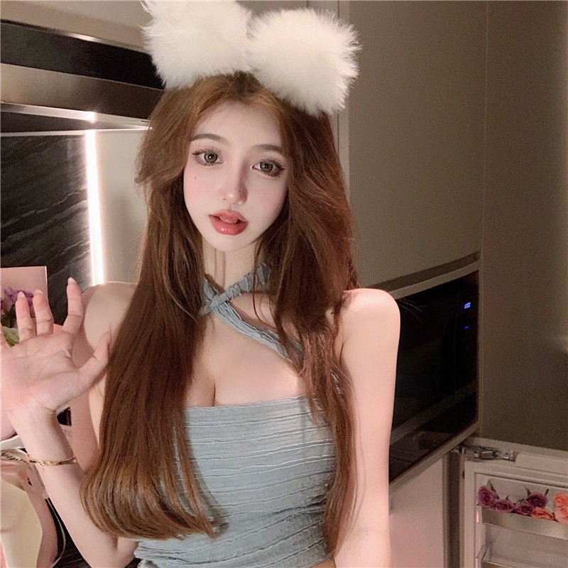 DUNEA Áo Hai Dây Cổ Yếm Xếp Ly Dáng Ngắn Thời Trang Cho Nữ