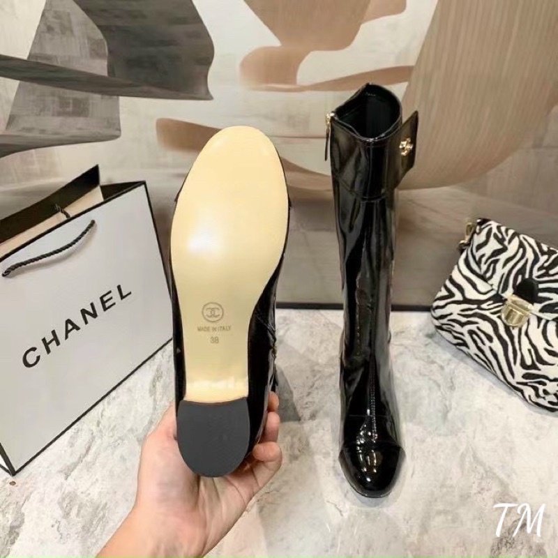 boots nữ cổ cao gót vuông 5cm bốt da bóng gối boot chànel mũi tròn (fullbox Bill túi)
