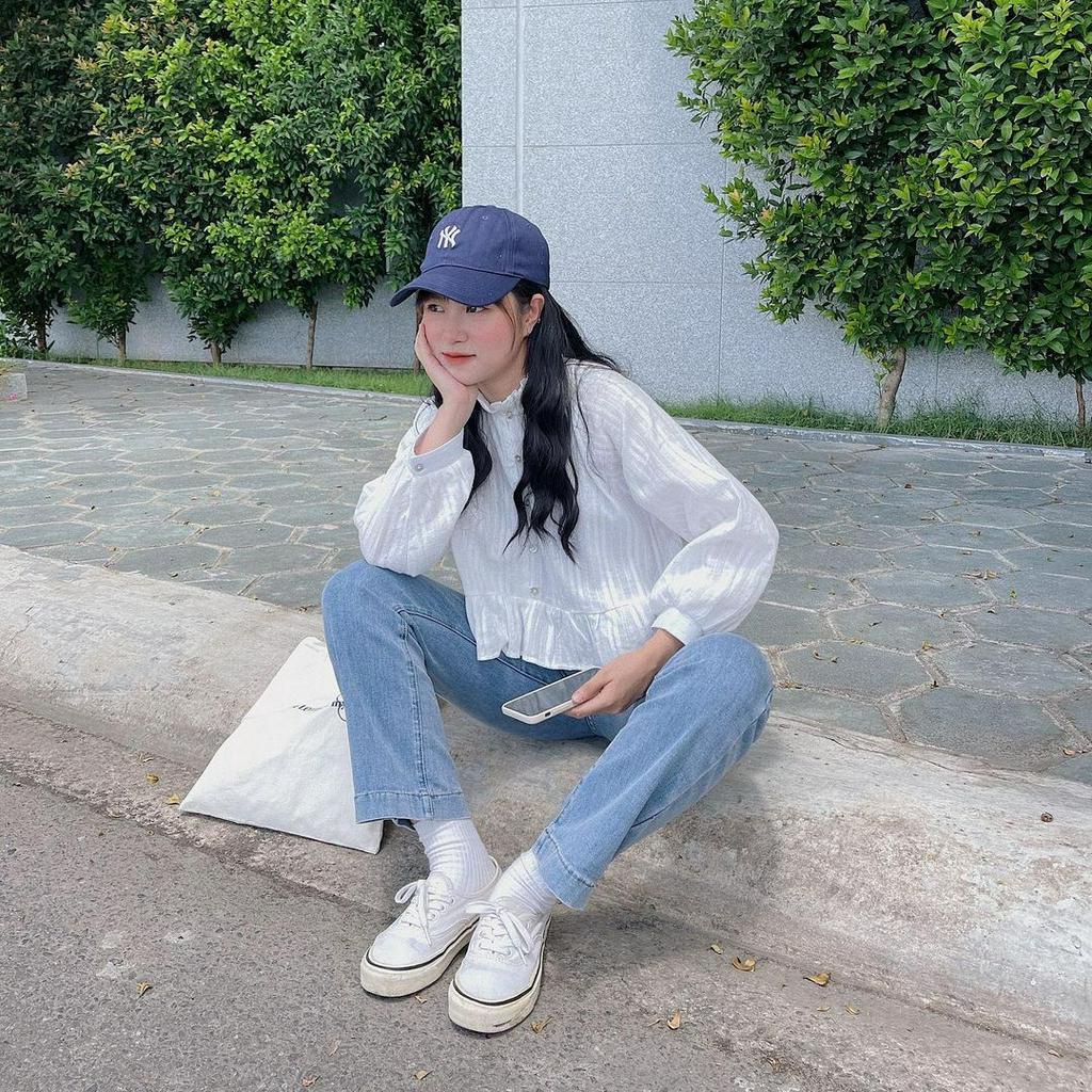 Áo Sơ Mi Trắng Dáng Baby Doll Croptop Dài Tay Phối Bèo Đáng Yêu