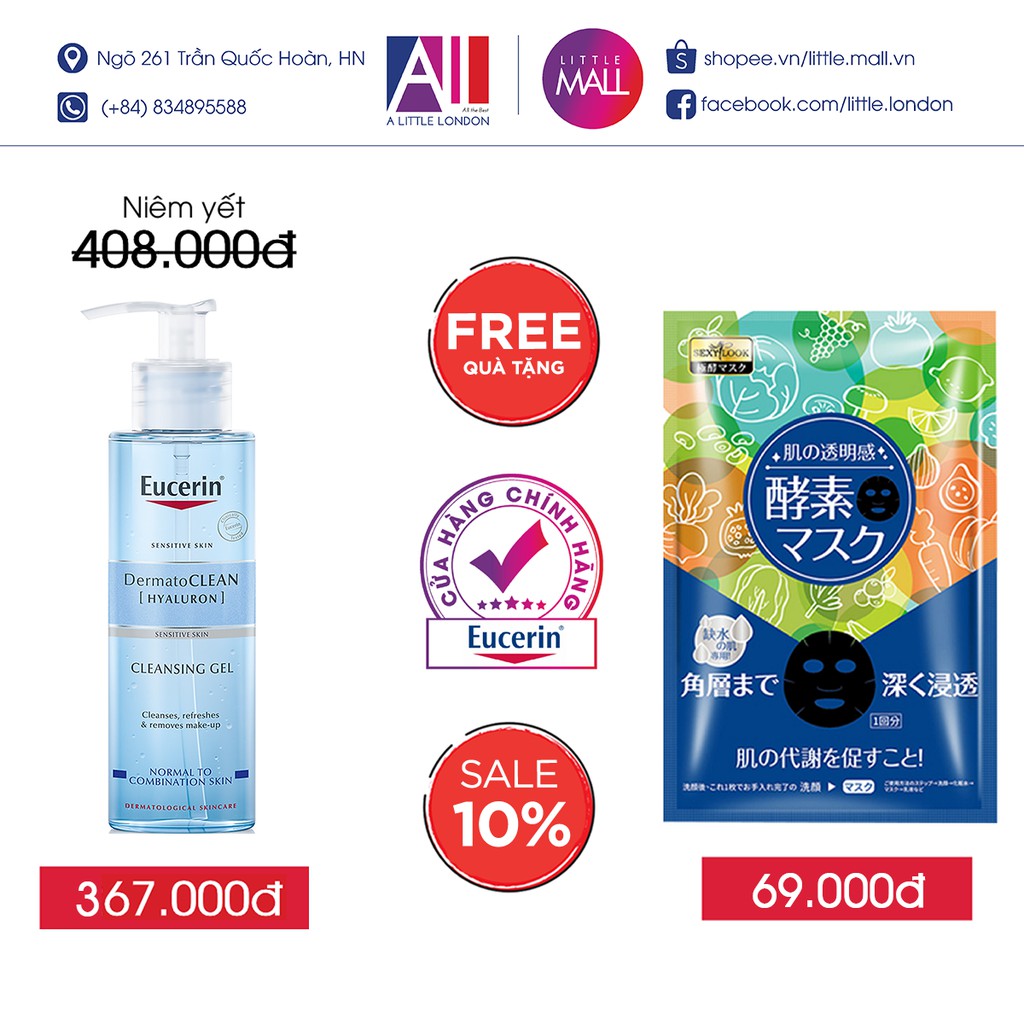 Gel rửa mặt dịu nhẹ Eucerin dermato clean hyaluron cleansing gel 200ml TẶNG mặt nạ sexylook (Nhập khẩu)