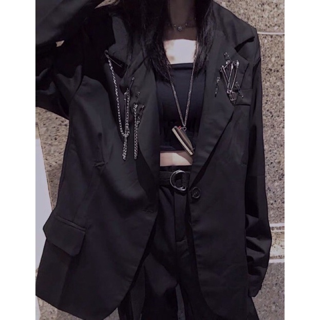 Áo khoác blazer cổ vest đen trơn có túi dáng rộng tặng kèm chuỗi xích Ulzzang unisex hiphop siêu chất ❤️