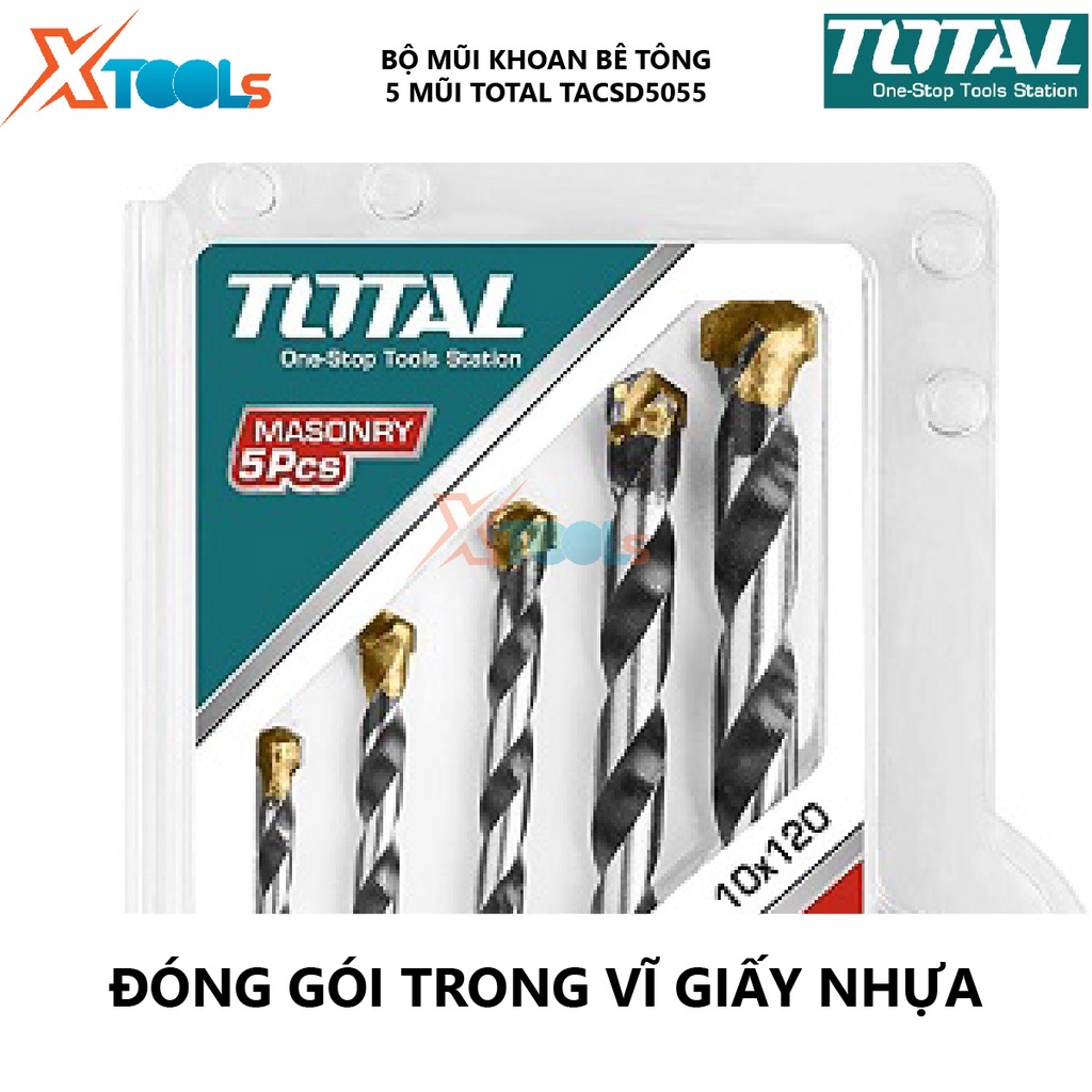 Bộ 5 mũi khoan bê tông TOTAL TACSD5055 combo 5 mũi đục bê tông Gồm 5 kích thước giúp hỗ trợ khoét lỗ trên bề mặt vật liệ
