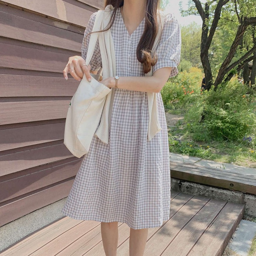 Đầm tay ngắn dáng rộng cổ chữ V họa tiết ca rô thời trang Hàn Quốc xinh xắn 43656