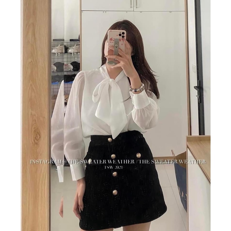 [ẢNH THẬT] Sơ Mi Voan Tơ Nơ Cổ Cúc Ngọc Vintage Tiểu Thư Đi Hcoj Đi Biển Công Sở