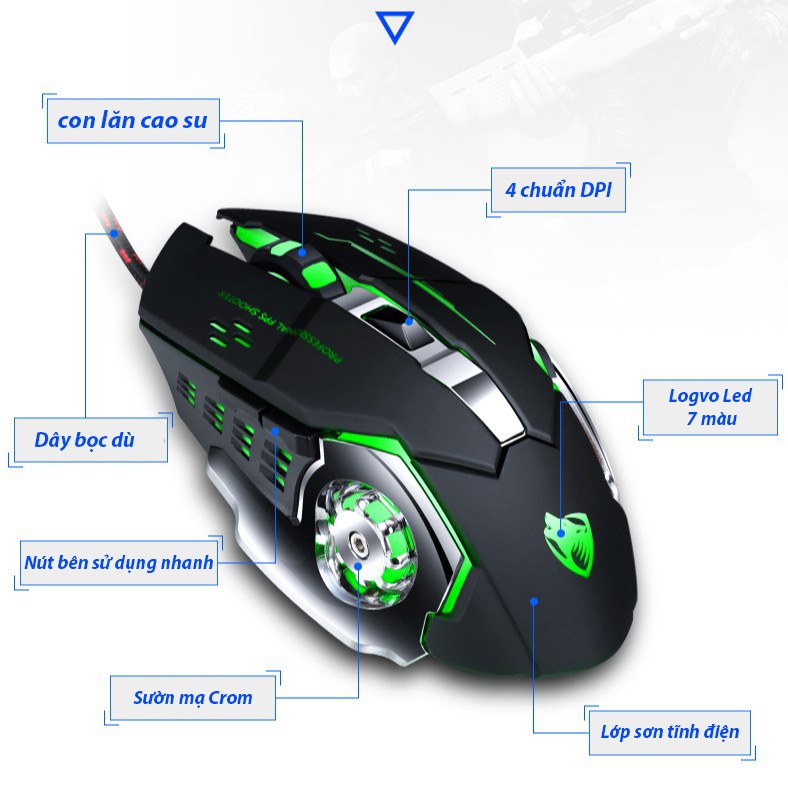 Chuột game T-Wolf V6 PRO Full Led, Chuột máy tính có dây gamming siêu nhạy 800 - 3200DPI, Đế di kim loại- BH 12 tháng
