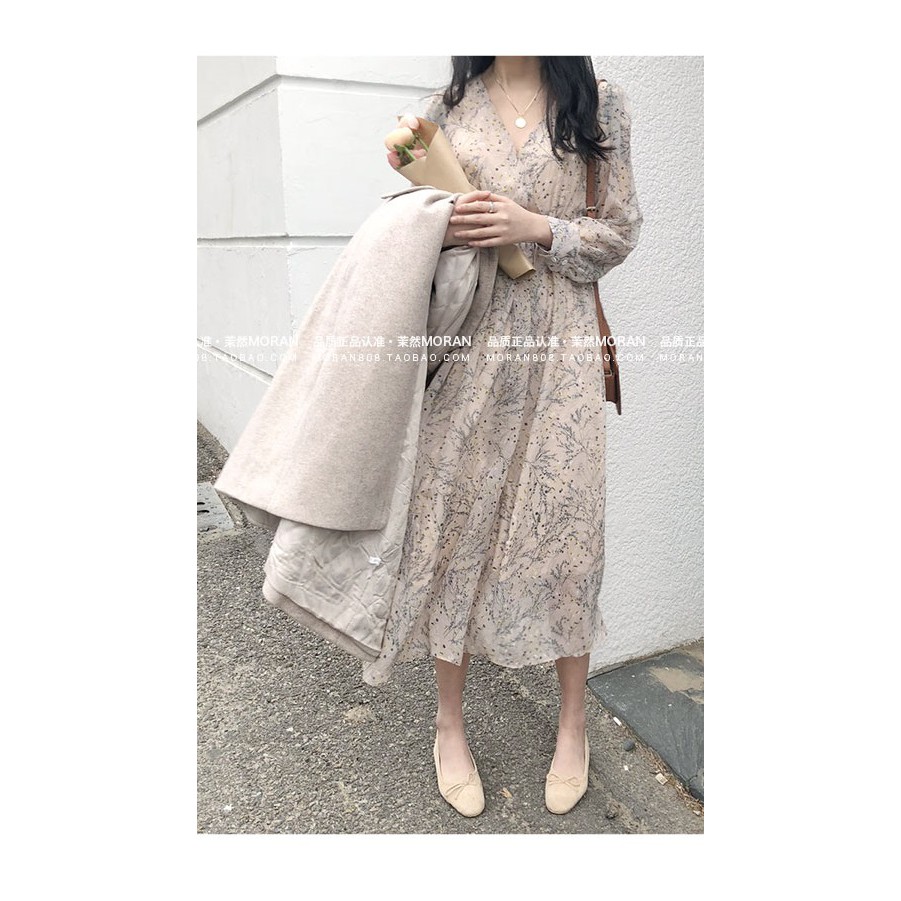 Đầm maxi voan hoa tay dài cột eo D094