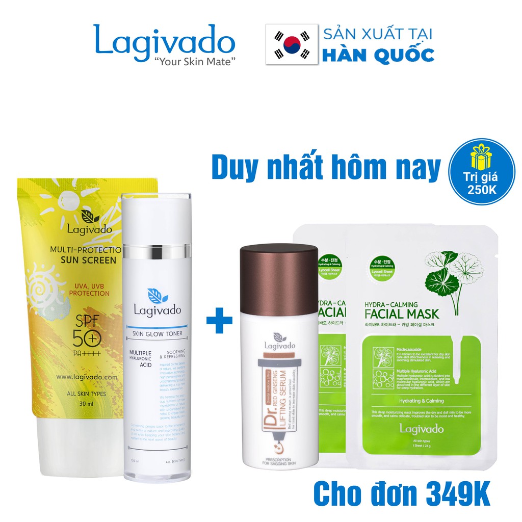 Bộ chăm sóc da mặt Hàn Quốc Lagivado gồm Kem chống nắng 30 g và nước hoa hồng Skin Glow 120 ml