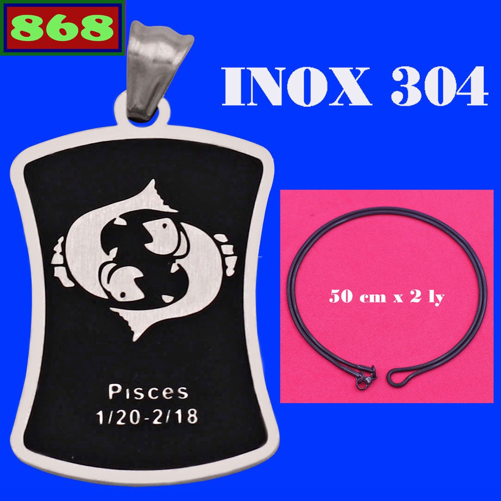 Cung hoàng đạo-Mặt dây chuyền cung Song Ngư (Pisces) inox kèm dây chuyền inox rắn đen