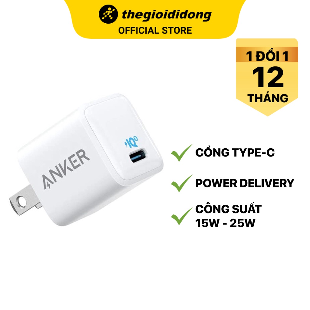 Adapter Sạc Type C PD 20W Anker PowerPort III Nano A2633 Trắng