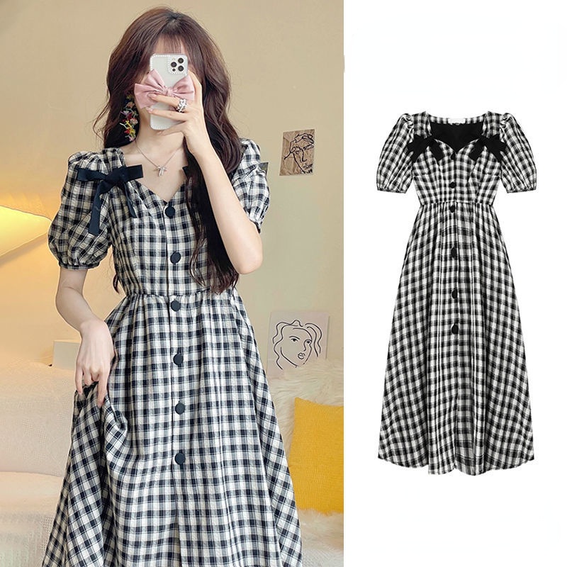 Đầm Nữ Cổ Chữ V Họa Tiết Caro Trắng Đen Phong Cách retro Pháp Thời Trang Mùa Hè