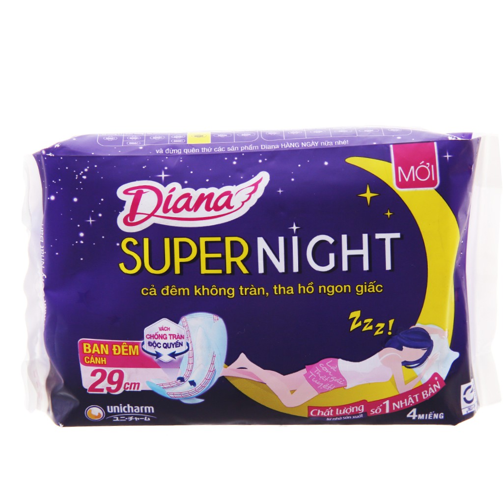 Băng Vệ Sinh Diana Super Night Ban Đêm Có Cánh 29cm Gói 4 Miếng