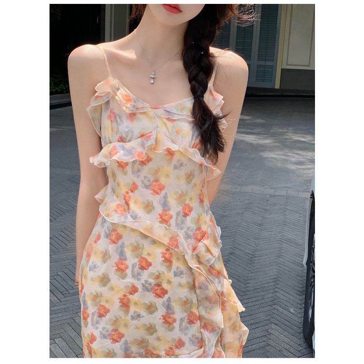 Đầm Hai Dây Dài Trung Bình Màu Sắc Không Đối Xứng