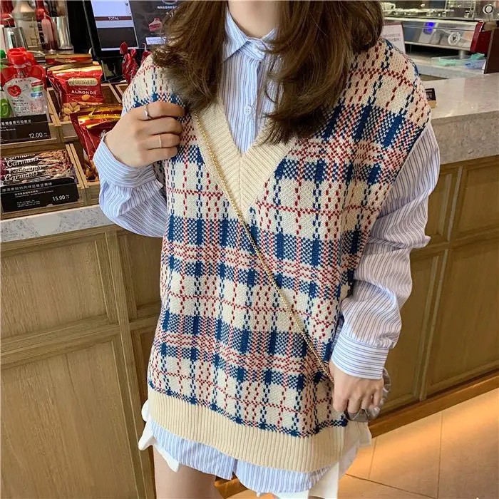 Áo gile len dáng rộng màu sáng họa tiết thổ cẩm, phong cách Hàn Quốc, loại đẹp hàng Quảng Châu - 009